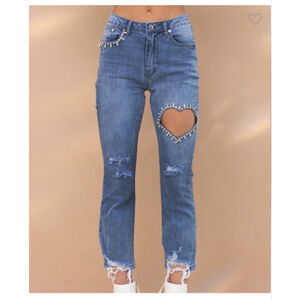 Blue B Ankle Cropped Jeans with Heart Cutout and rhinestones